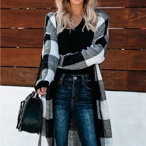 buffalo plaids long line jacket cover up cardigan black knit white